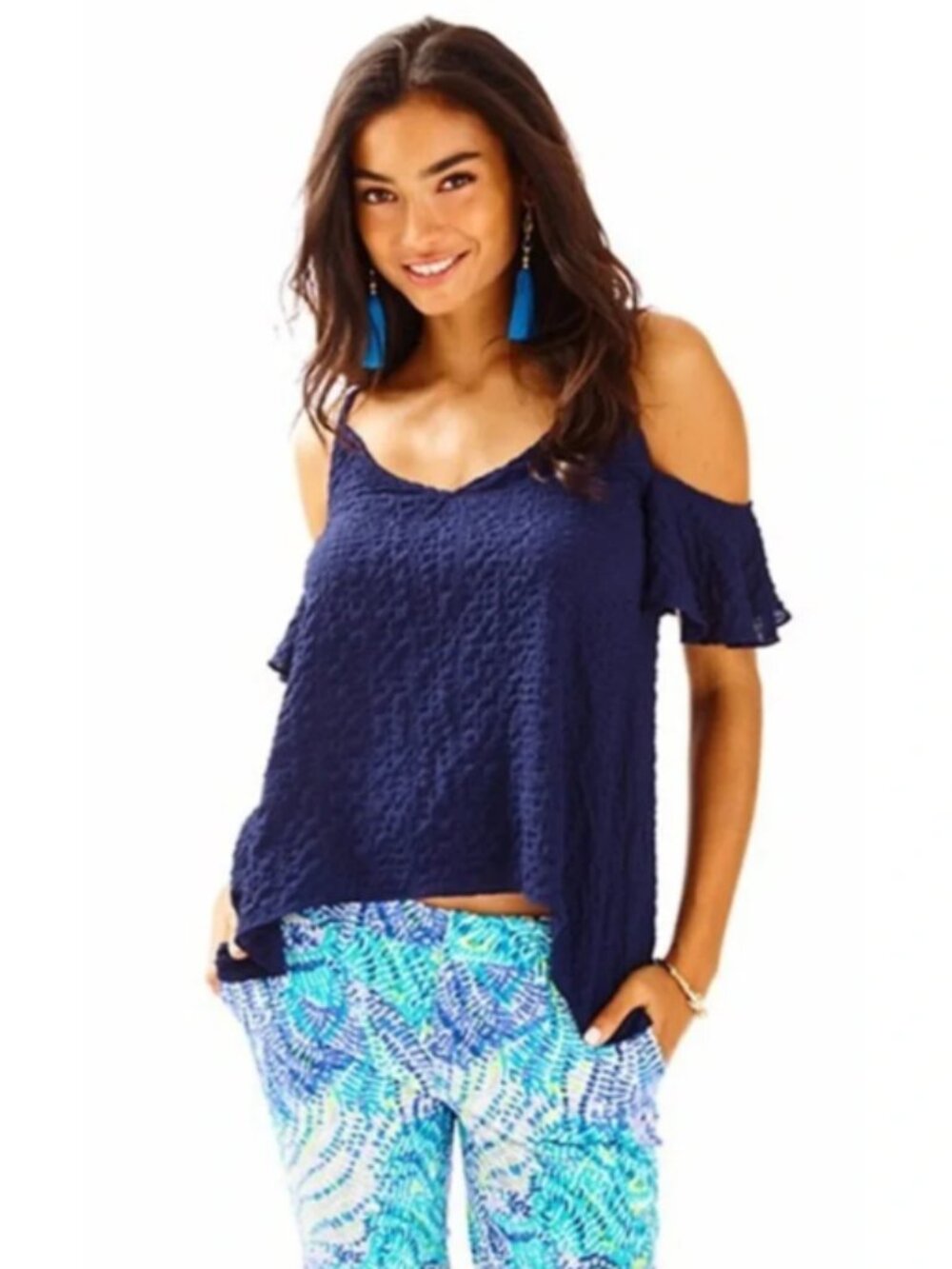 Lilly Pulitzer Aruna Top Women M True Navy Ruffle Sleeve Textured Boho NWT